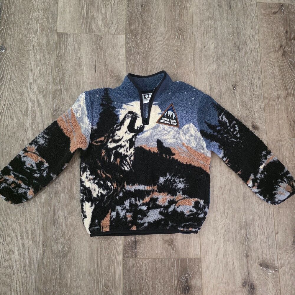 Grand Teton National Park Sweatshirt Boys Pullover Size 6/7 Sherpa Wolf 1/4 Zip